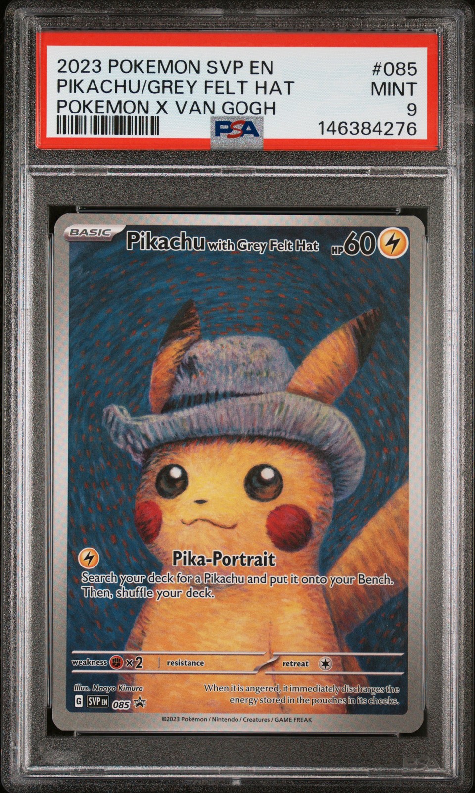 2023 POKEMON SVP EN-SV BLACK STAR PROMO #085 PIKACHU CON CAPPELLO IN FELTRO GRIGIO PSA 9