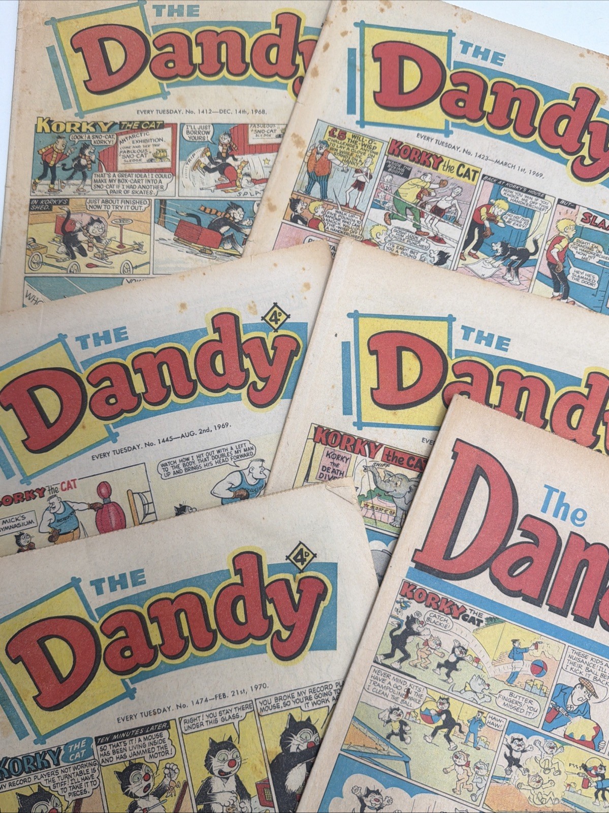 6 x THE DANDY Bundle 1968 - 1975 Desperate Dan / Korky The Cat - Vtg 60s Comics