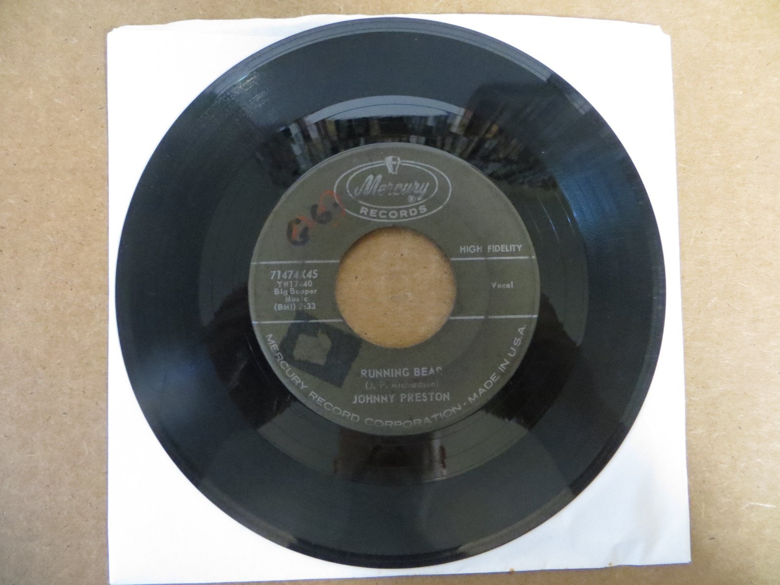 Johnny Preston – Running Bear - 1959 - Mercury 71474X45 7" Single G+/Generic