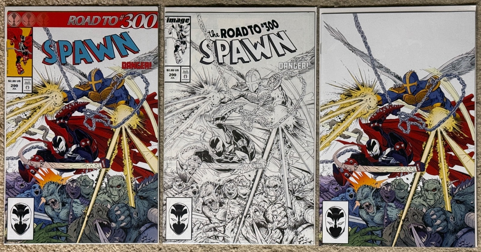 Spawn 299 1a stampa A B C 1a stampa Trade Virgin b&w McFarlane set completo di 3