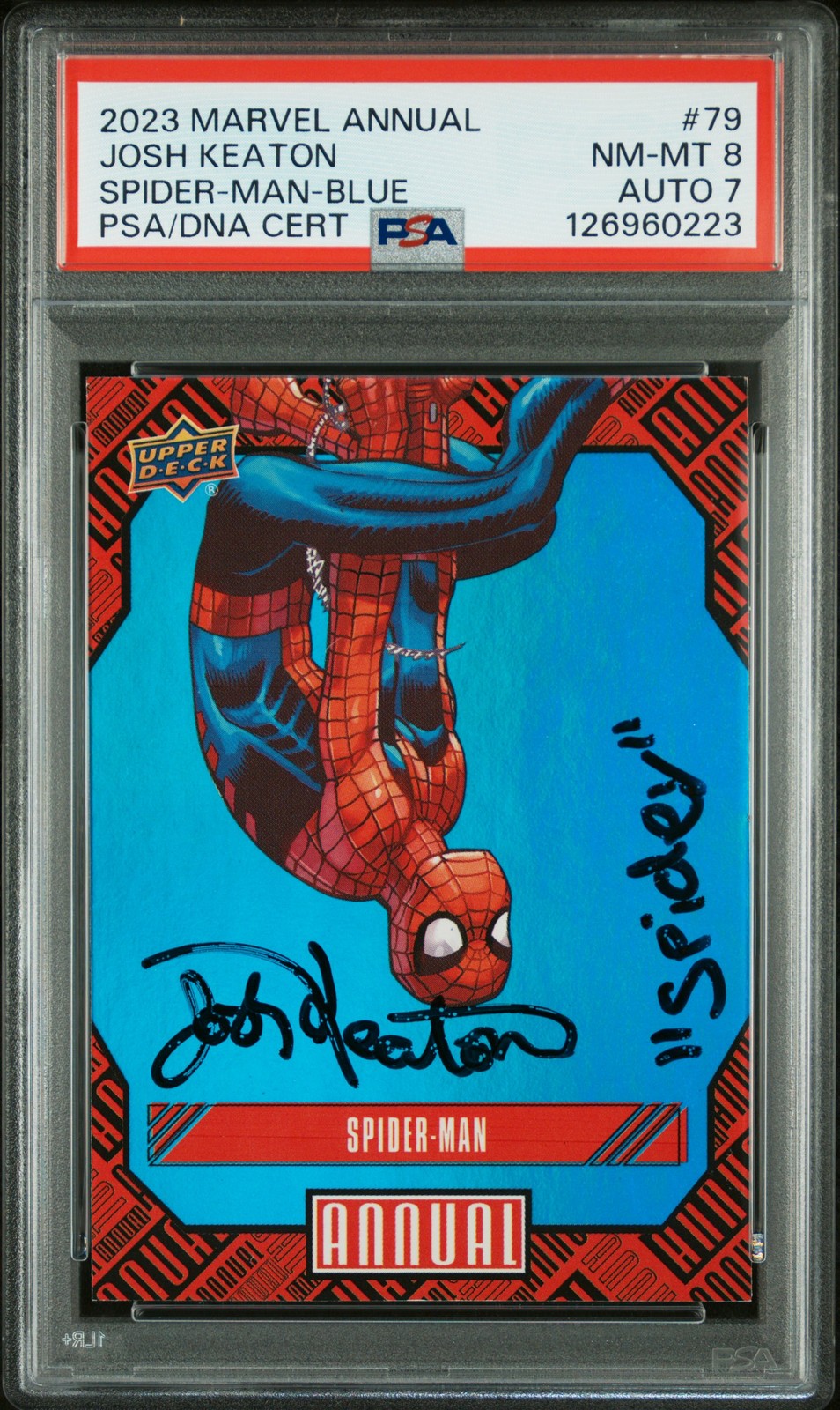 2023-2024 UD MARVEL ANNUALE BLU #79 SPIDER-MAN PSA 8 AUTO 7
