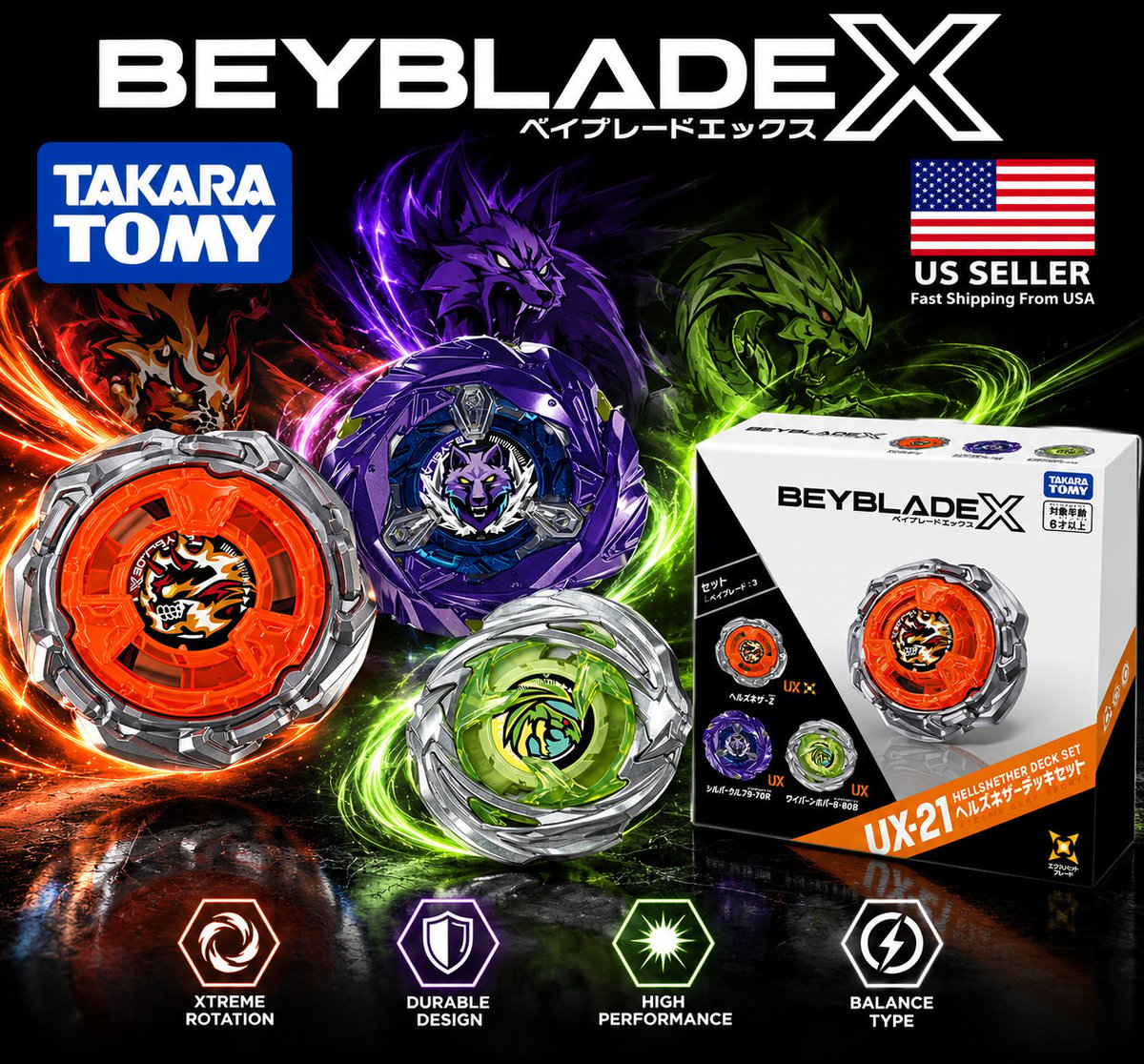 Takara Tomy BEYBLADE X Beyblade X UX-21 Hell Nether Deck Set venditore USA