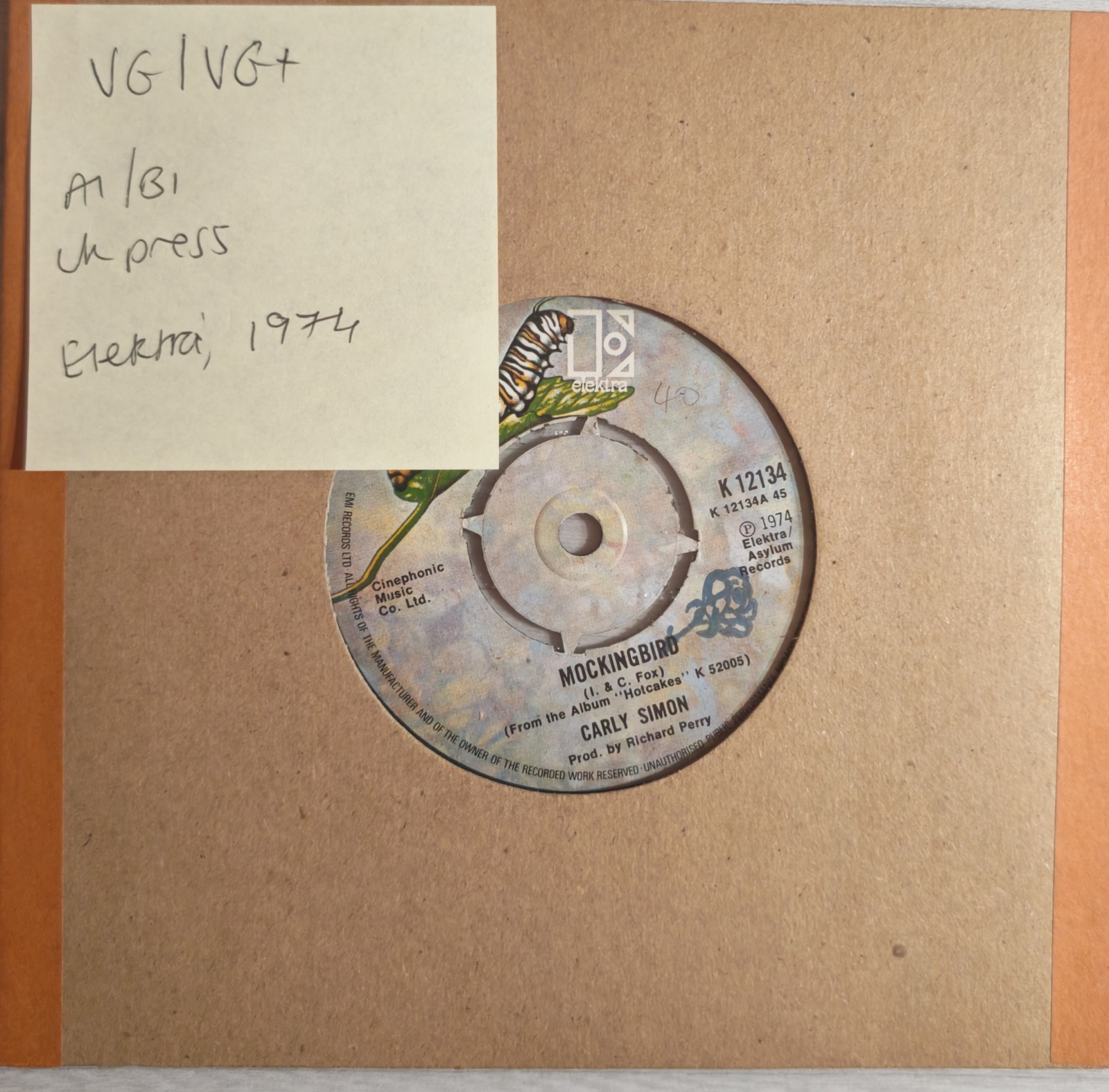 Carly Simon Mockingbird Vinyl Record 7" VG/VG+ K 12134 1974