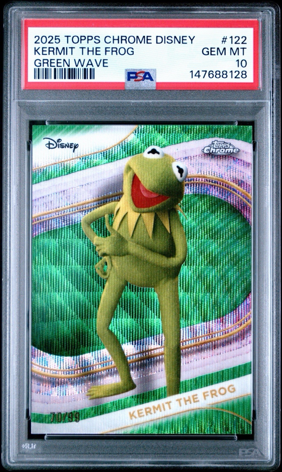 2025 Topps Chrome Disney Kermit La rana verde onda colore corrispondente /99 PSA 10 POP 3