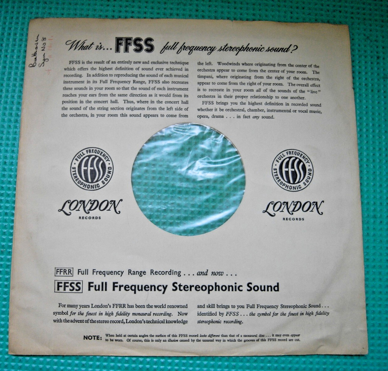 DECCA FFSS Inner Sleeve LONDON RARE BLACK PRINT THICK PAPER