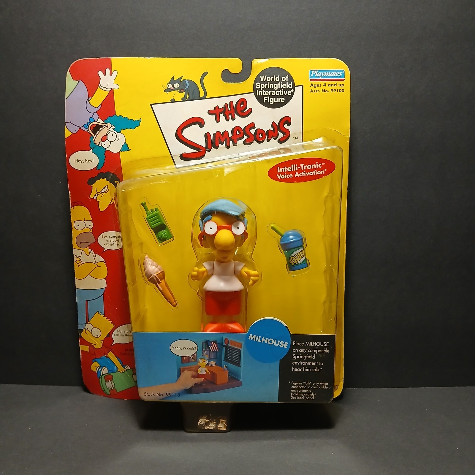 Figurina The Simpsons Milhouse - World of Springfield 2000 Playmates nuova con scatola carta cattiva