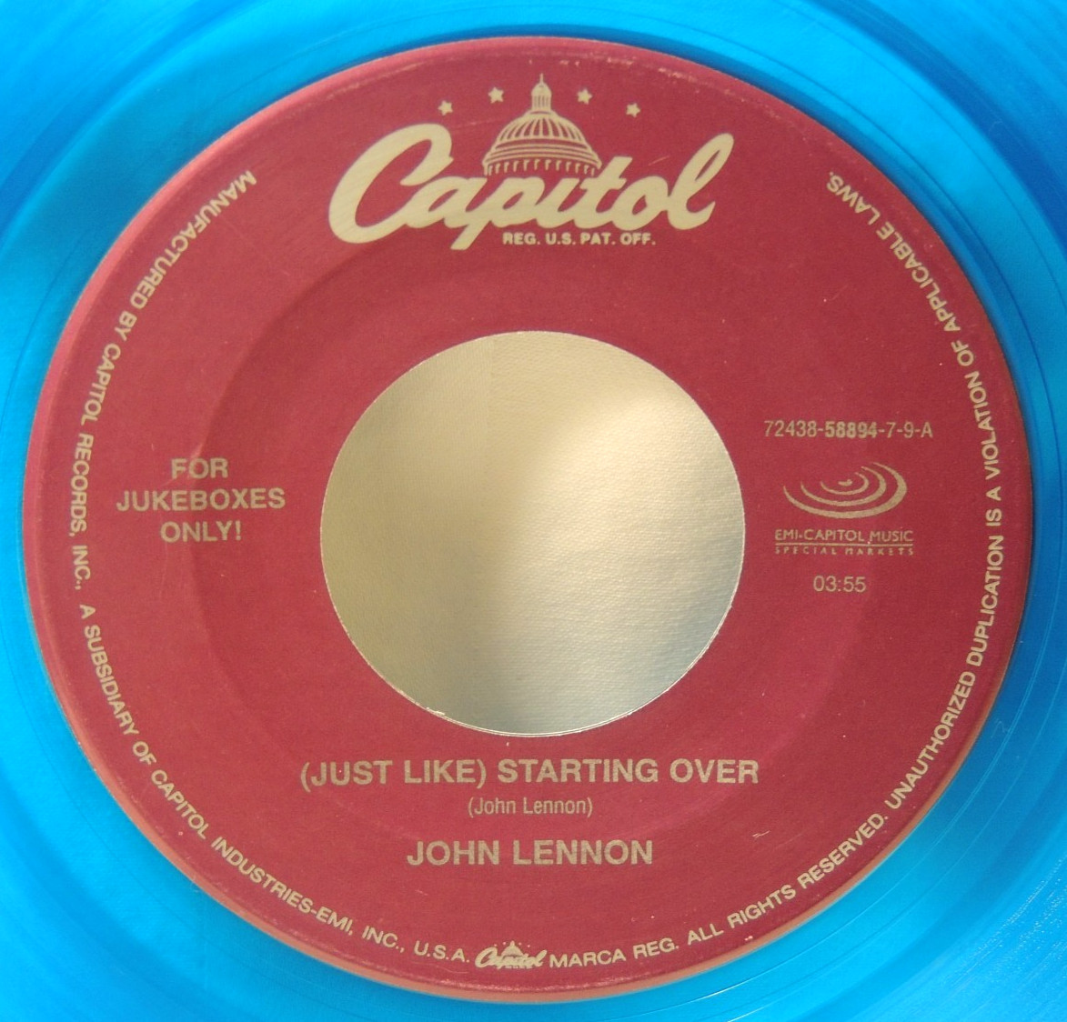 John Lennon Just Like Starting Over  7" 45 RPM Blue Vinyl "For Jukeboxes Only"