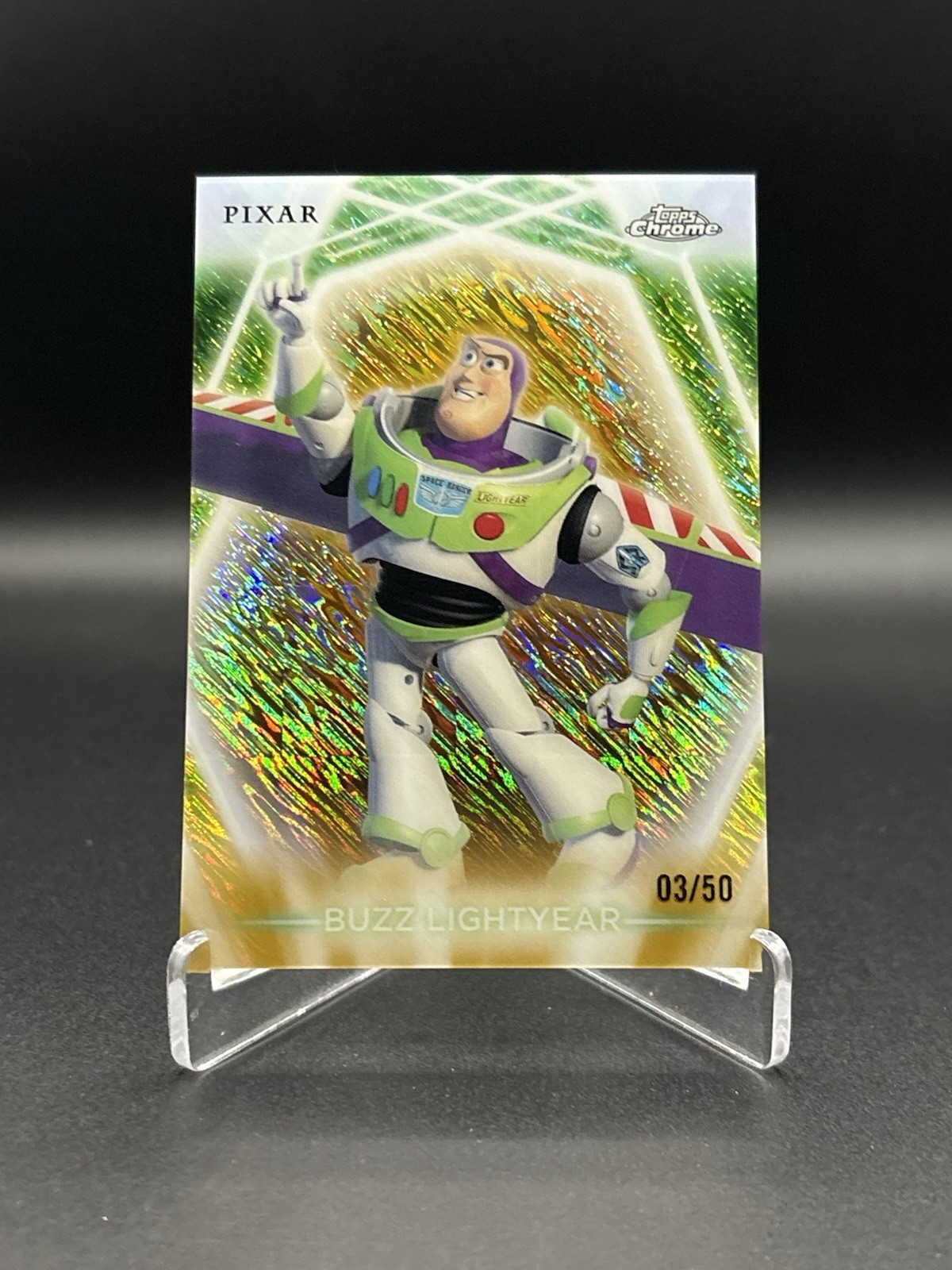 2026 Topps Chrome Neon Pixar Buzz Lightyear Gold #3/50 Toy Story