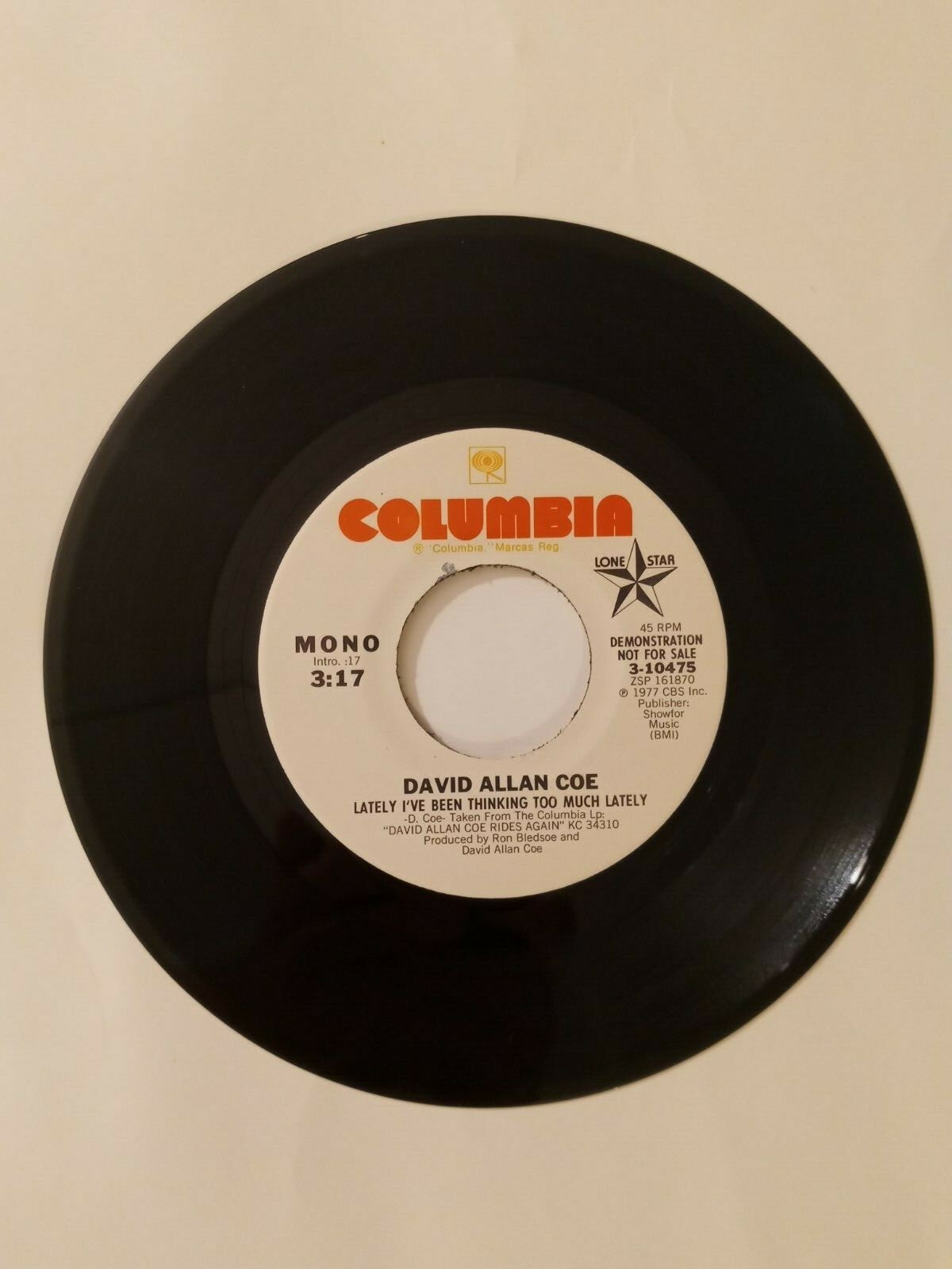 DAVID ALLAN COE Lately I've Been Thinking Too Much 45 rpm Promo Record Vinyl 