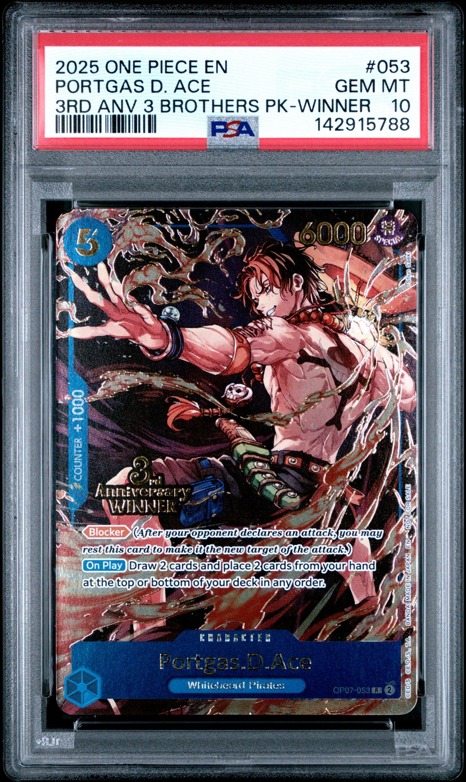 2025 ONE PIECE 3° ANNIVERSARIO TORNEO 3 FRATELLI PACK PORTGAS D. ACE PSA 10