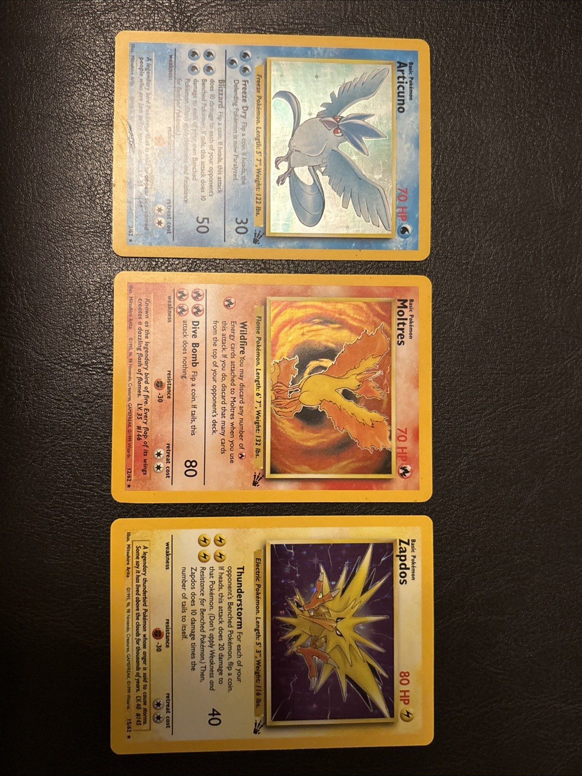 Pokemon TCG Fossil Holo Uccellini Leggendari Zapdos 15/62 Moltres 12/62 Articuno 2/62