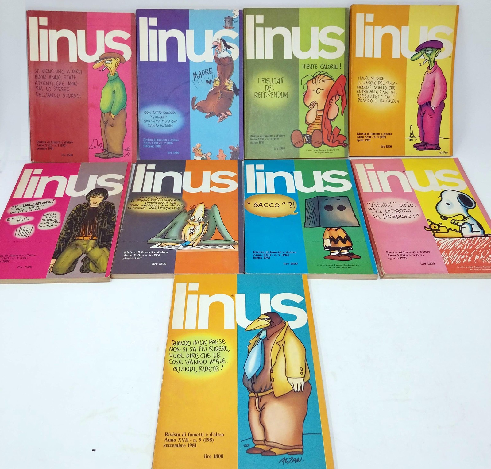 Lotto 9 Riviste LINUS 1981 dal 190 al 198 Milano Libri Vintage Altan Peanuts