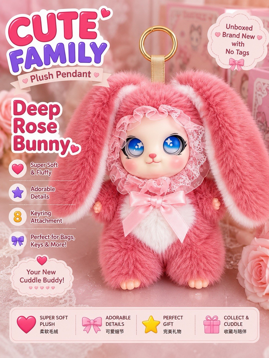 CUTE FAMILY DEEP ROSE BUNNY PLUSH PENDANT KEYRING COLLECTIBLE BRAND NEW