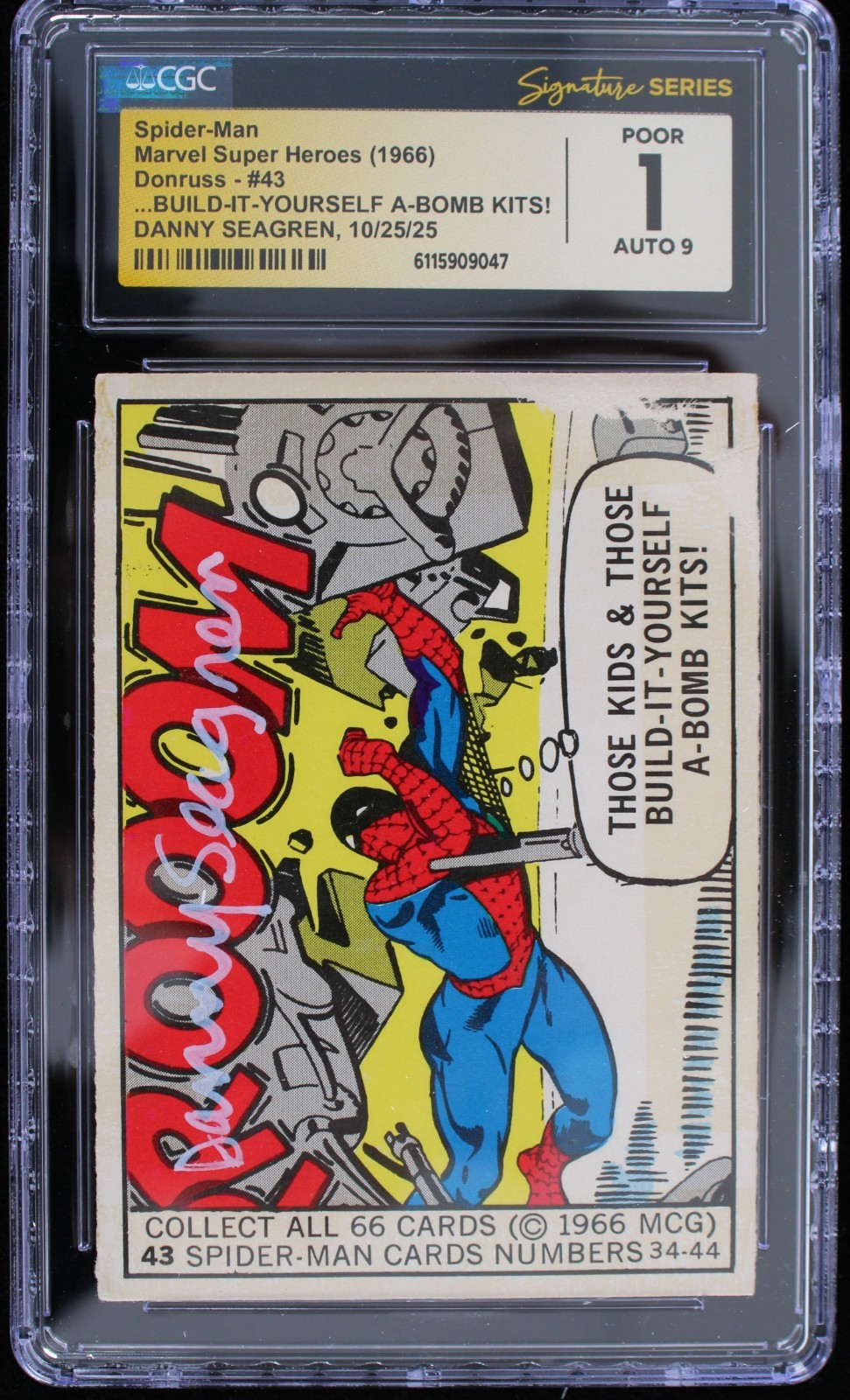 1966 Danny Seagren Spider-Man Signed Donruss #43 (CGC Slabbed Poor 1)
