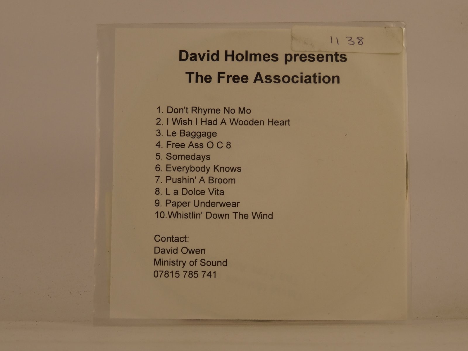 DAVID HOLMES THE FREE ASSOCIATION (98) 10 Track Promo CD Album including White S