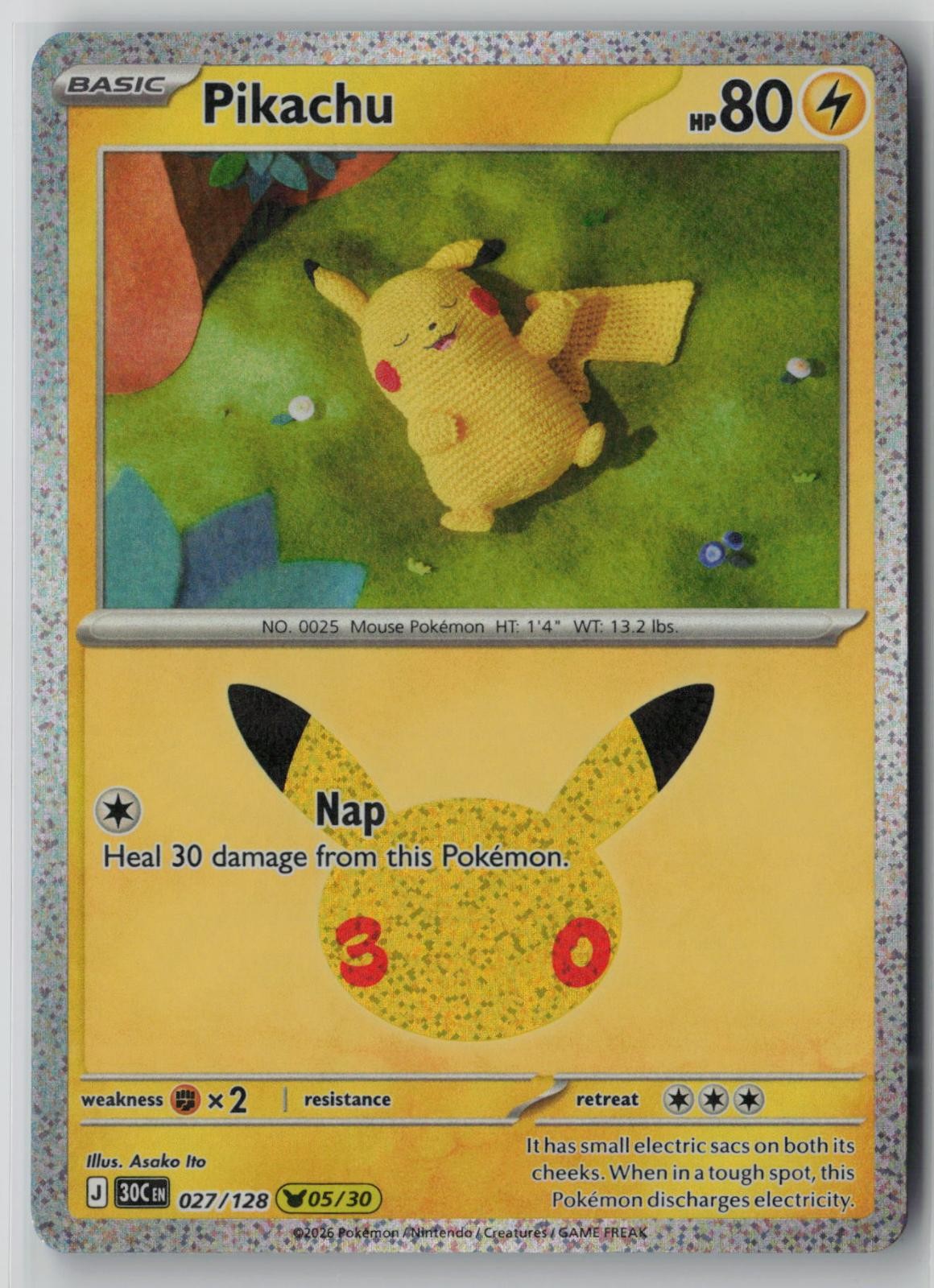 Pikachu 027/128 Pikachu Raro ME: 30° Celebrazione Nuovo con etichette Holo JC19