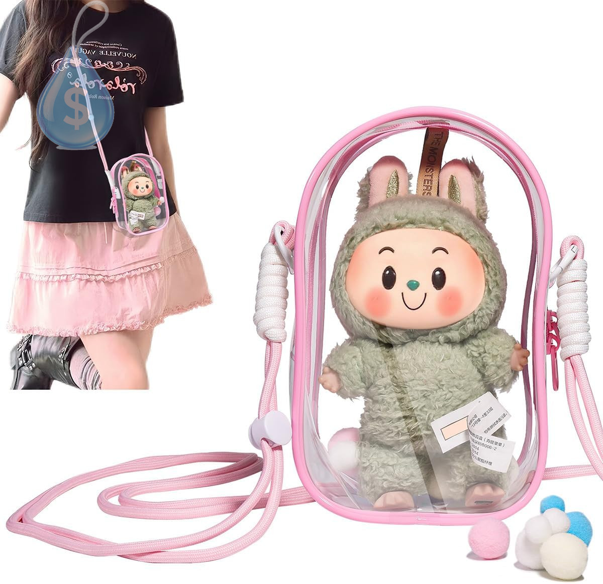 Protective Case for Labubu Plush Doll,Clear Bag for Stadium Events Crossbody Bag