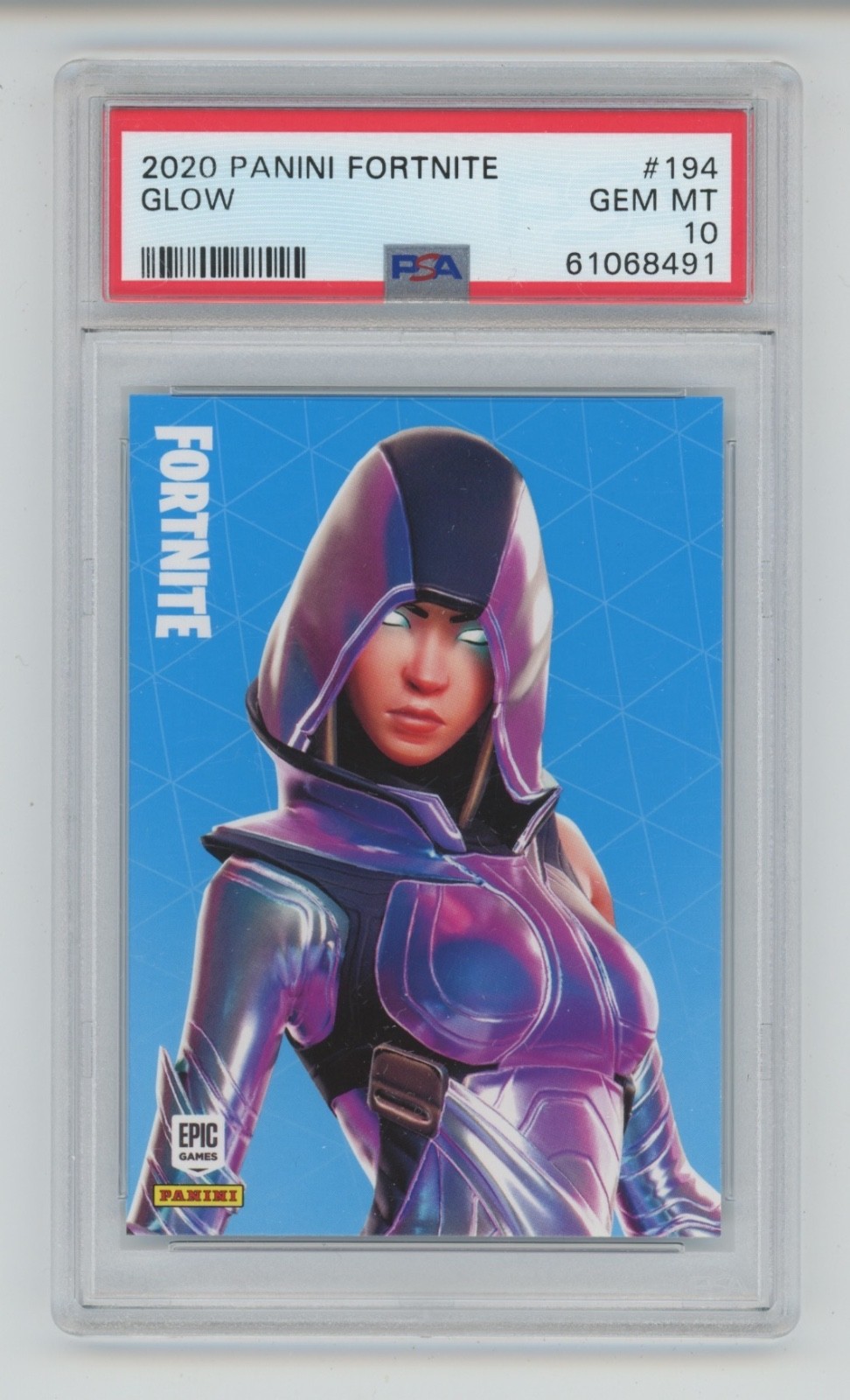 GLOW 2020 PANINI FORTNITE EPIC GAMES #194 LEGGENDARIO OUTFIT CLASSIFICATO PSA 10 POP 8