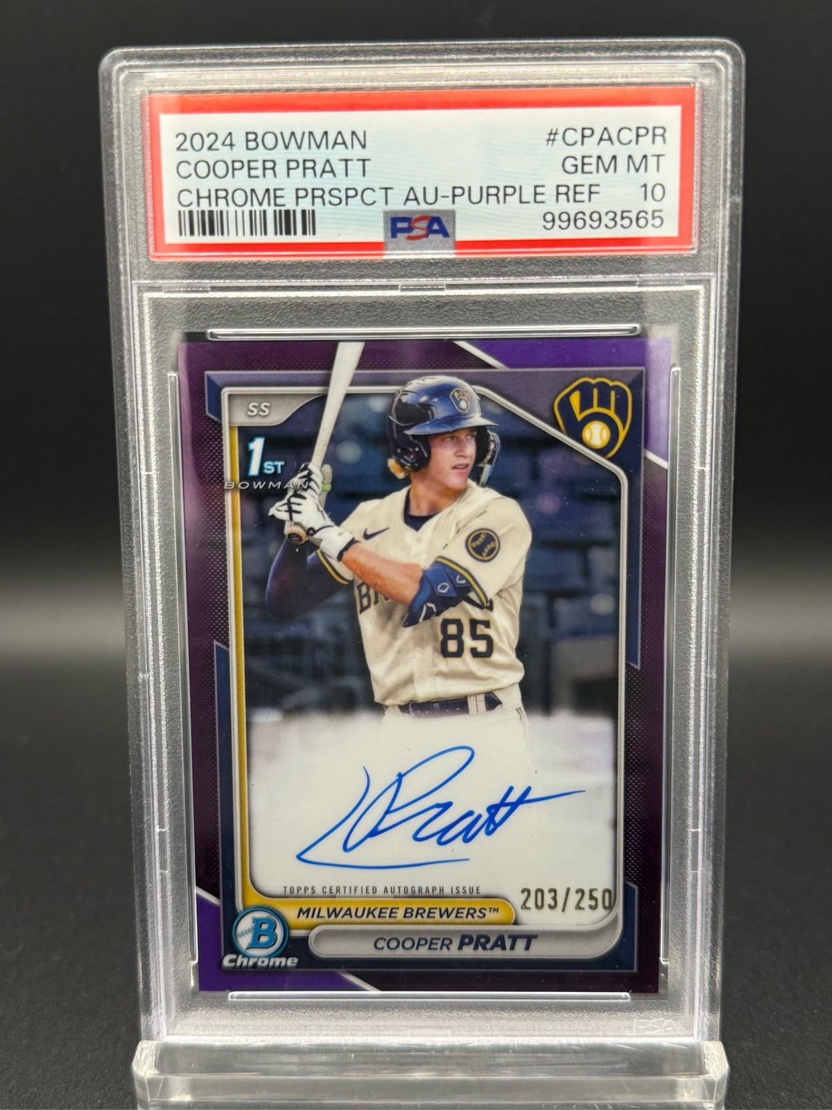 2024 Bowman Chrome Cooper Pratt 1st Auto Purple Refractor /250 PSA 10