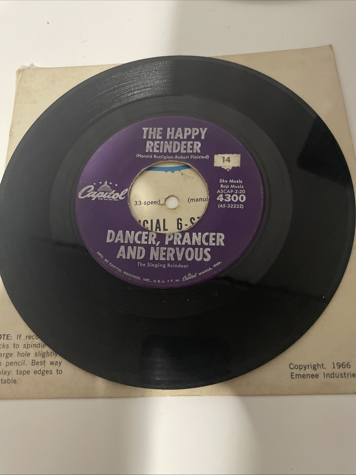 45 RPM Vinyl The Happy Reindeer, Dancer, Prancer And Nervous