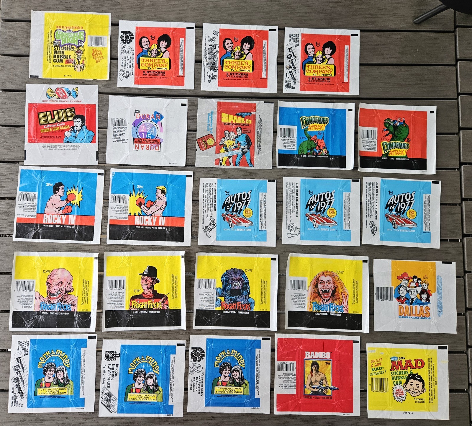 Non-Sport Trading Card Wax Pack Wrapper lot (24) 1970s 1980s Topps Fleer Donruss
