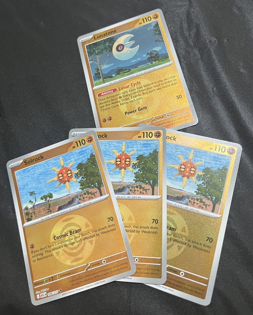 4 cards playset 3x Solrock 106/217 reverse holo dusk ball & 1 Lunatone 105/217 