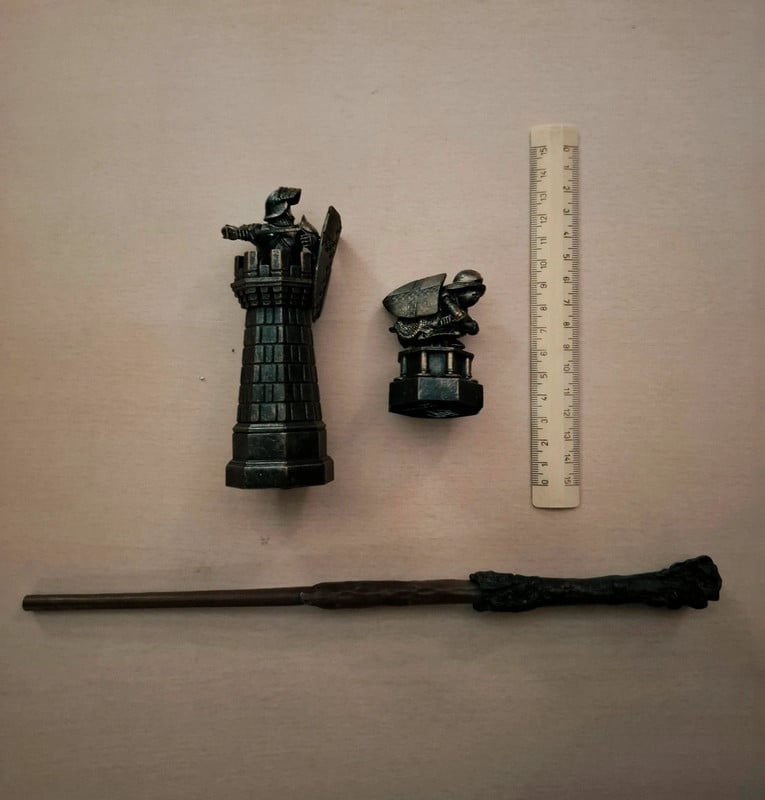 Vintage Harry Potter chess pieces and wand. DeAgostini
