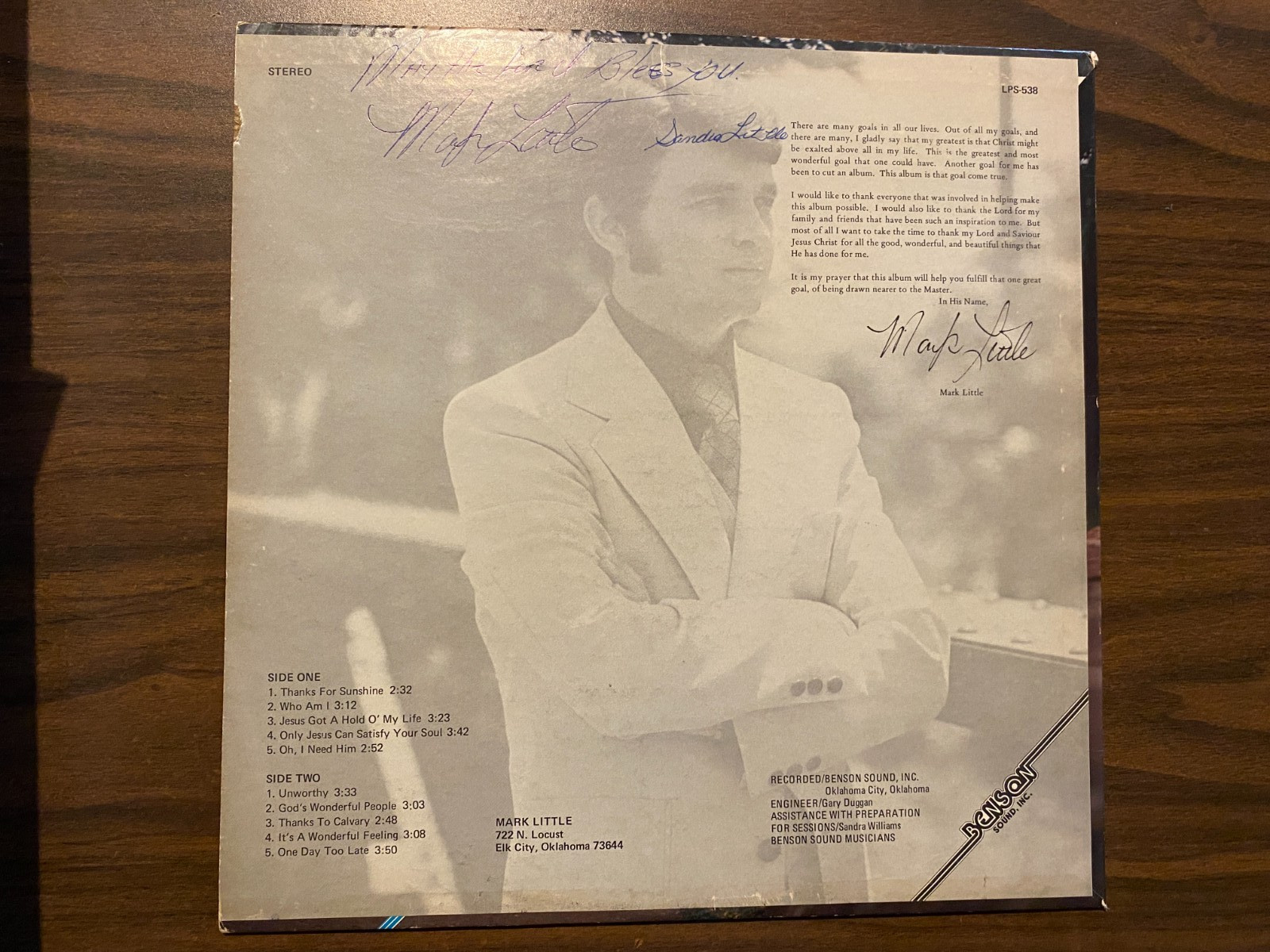 Mark Little – Thanks for Sunshine LP [Benson LPS-538] VG+/VG+ Signed Gospel