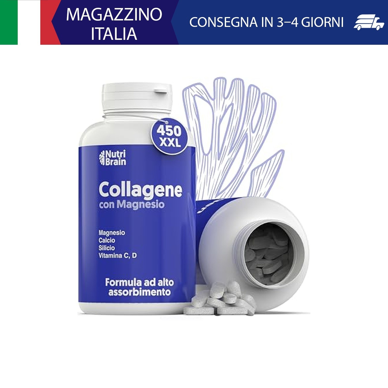 Collagene Idrolizzato con Magnesio | 450 compresse XXL | con Vitamina C, Calcio,