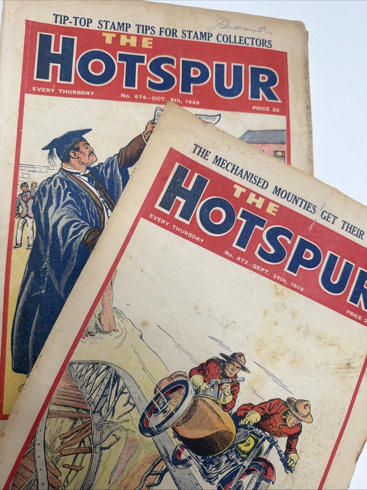 2 x THE HOTSPUR Comic - #672 Sept 24th 1949 / #674 Oct 8th 1949  Vintage 1940s