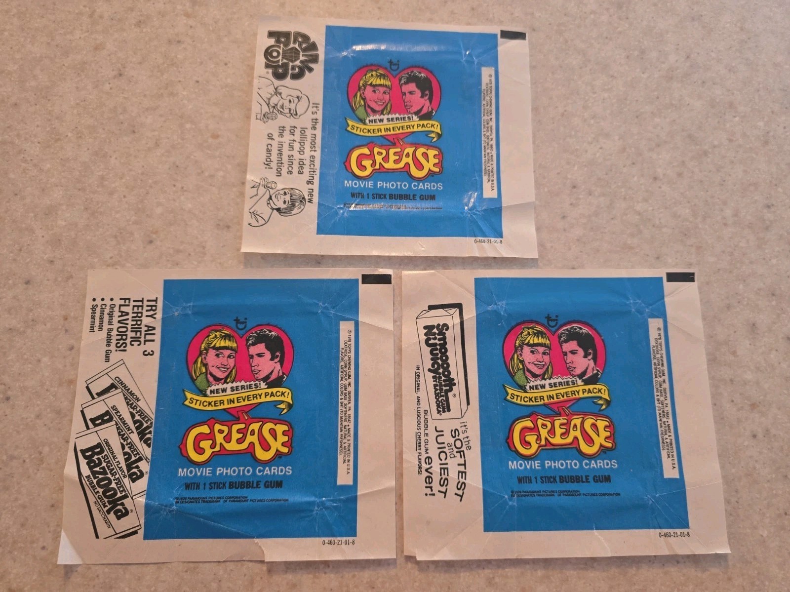 Topps Grease Wrapper set di 3 1978 (uno per ogni versione) vintage 