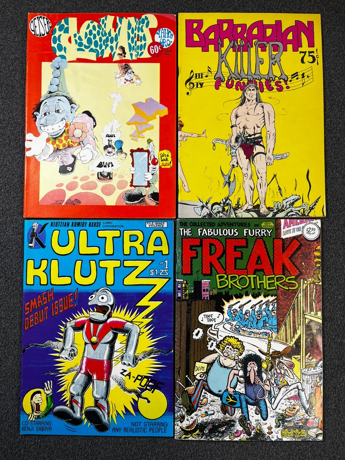 Vintage Underground Comix Lot 4 Freak Brothers Barbarian Killer Ultra Klutz Clow