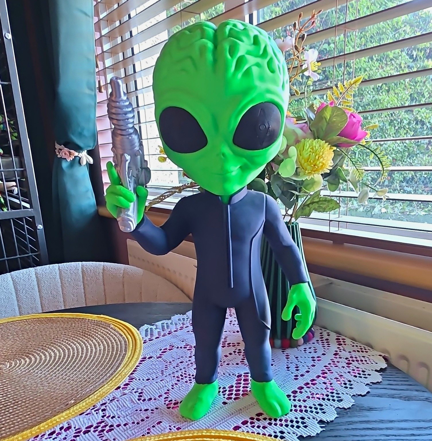 Green Alien 3d Printed Figure Blue Suit with Silver Blaster Gun 35cm