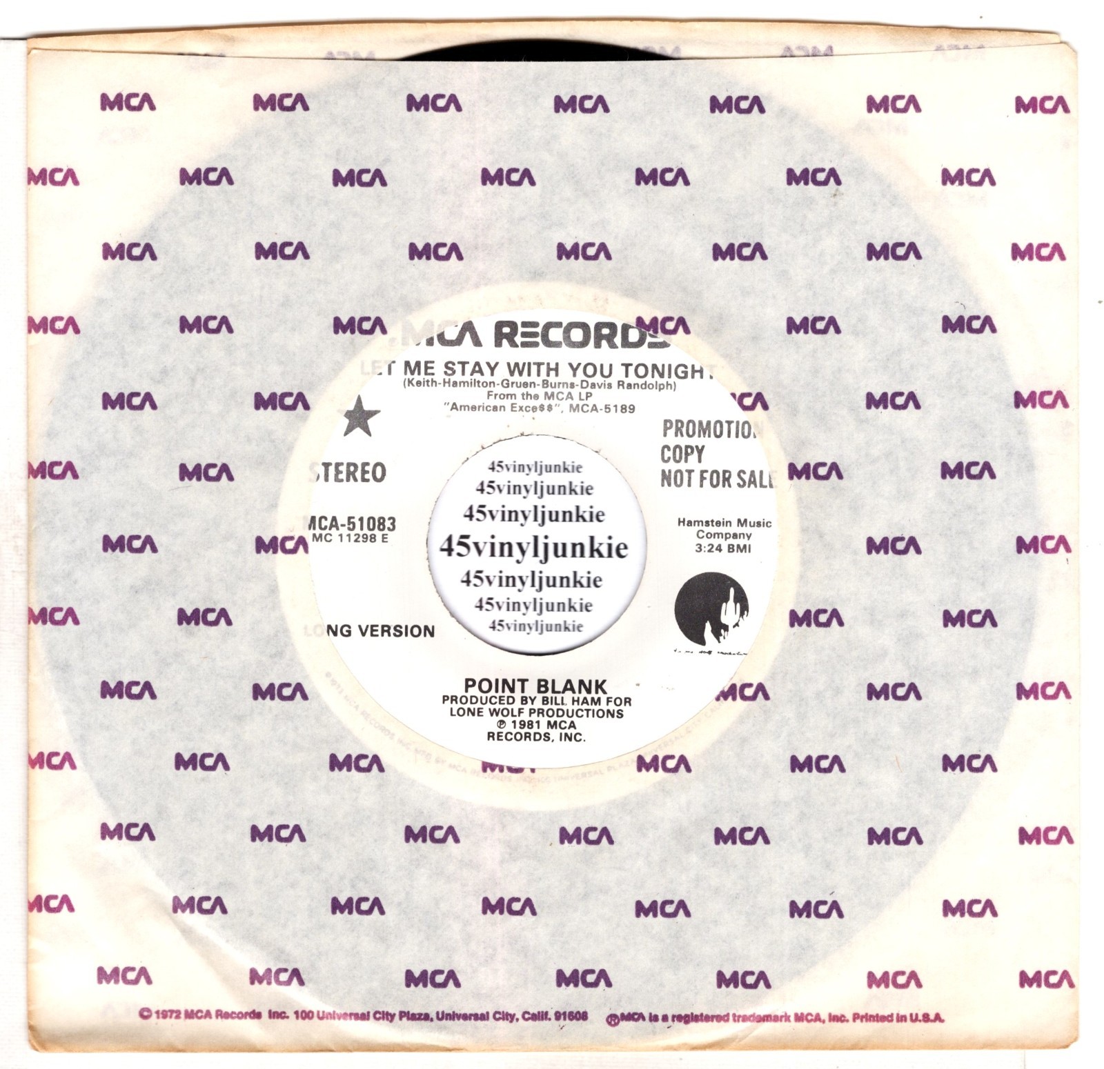 Point Blank NM promo 45 rpm "Let Me Stay With You Tonight" on MCA Records