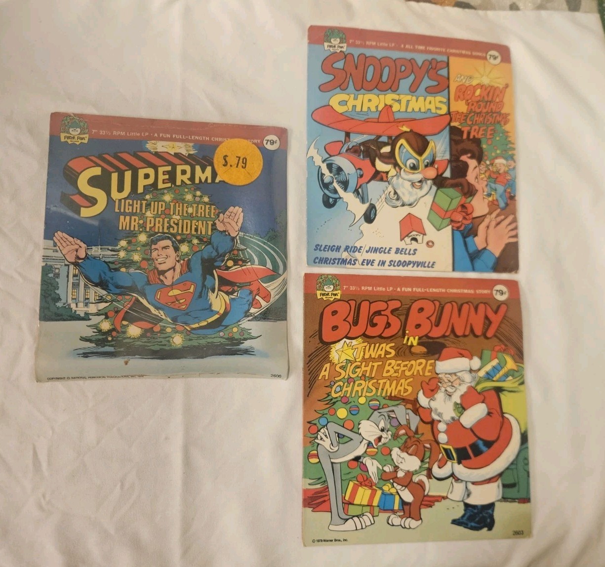 Lot 3 Peter Pan Christmas Little LP Records Superman New Snoopy Bugs Bunny 1978