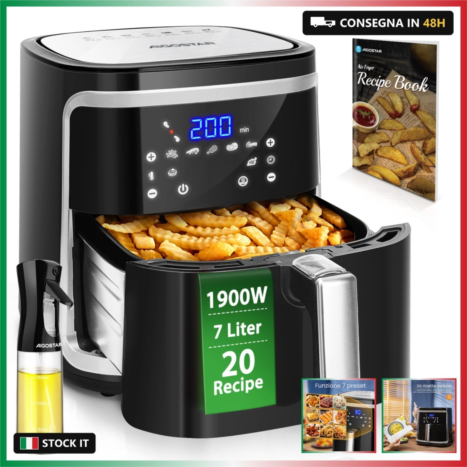 Aigostar Cube 30IBT - Friggitrice ad Aria XXL, 1900W, 7L air fryer, Pannello tou
