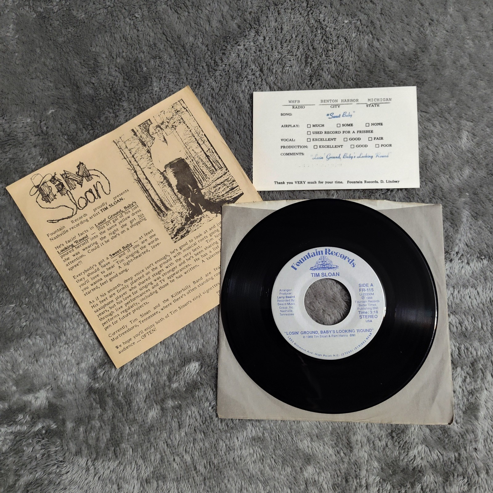 TIM SLOAN "Losin' Ground, Baby's Looking 'Round / Sweet Baby"  45 7" Fountain NM