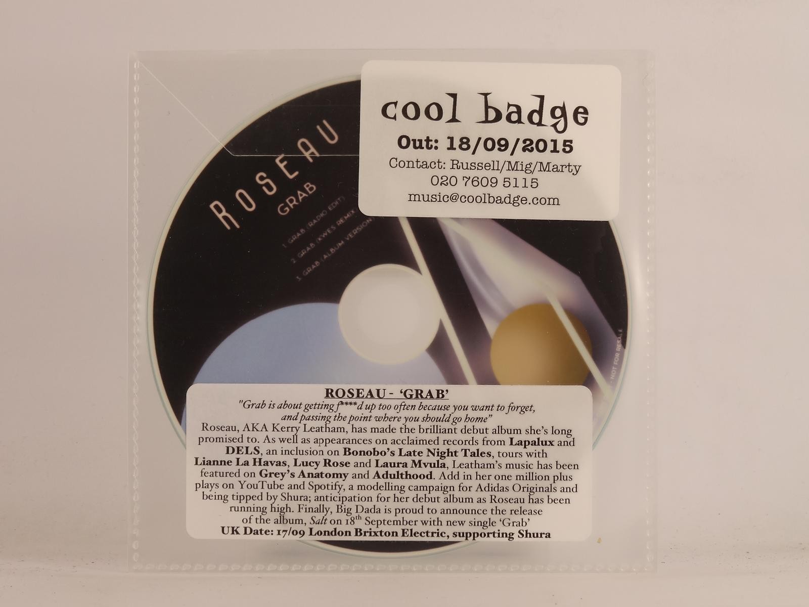 ROSEAU GRAB (E43) 3 Track Promo CD Single including Plastic Sleeve BIG DADA