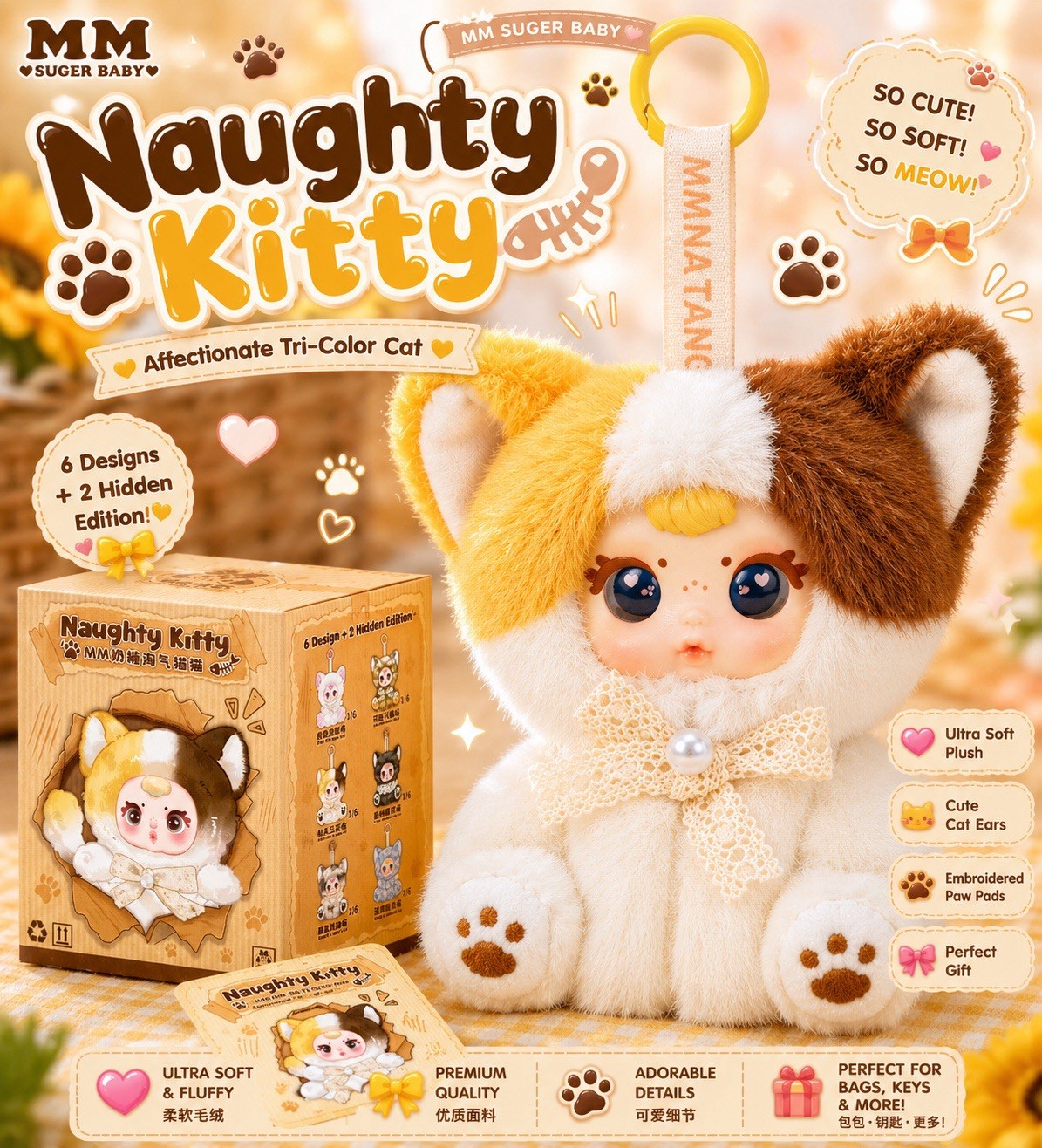 MM SUGER BABY NAUGHTY KITTY AFFECTIONATE TRI-COLOR CAT SECRET PLUSH PENDANT NEW