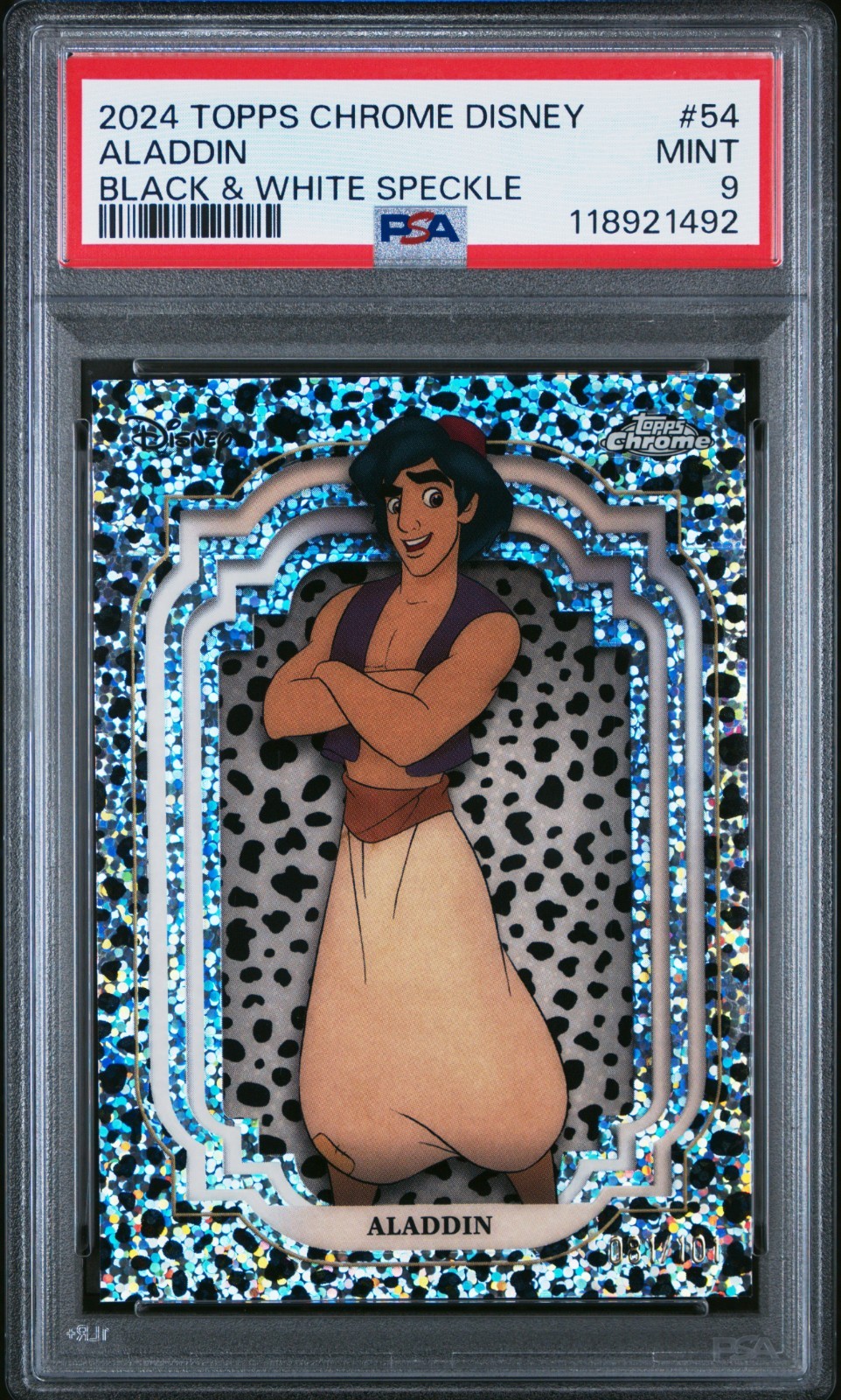 ALADDIN 2024 TOPPS CHROME DISNEY BLACK WHITE SPECKLE REFRACTOR SP 81/101 PSA 9