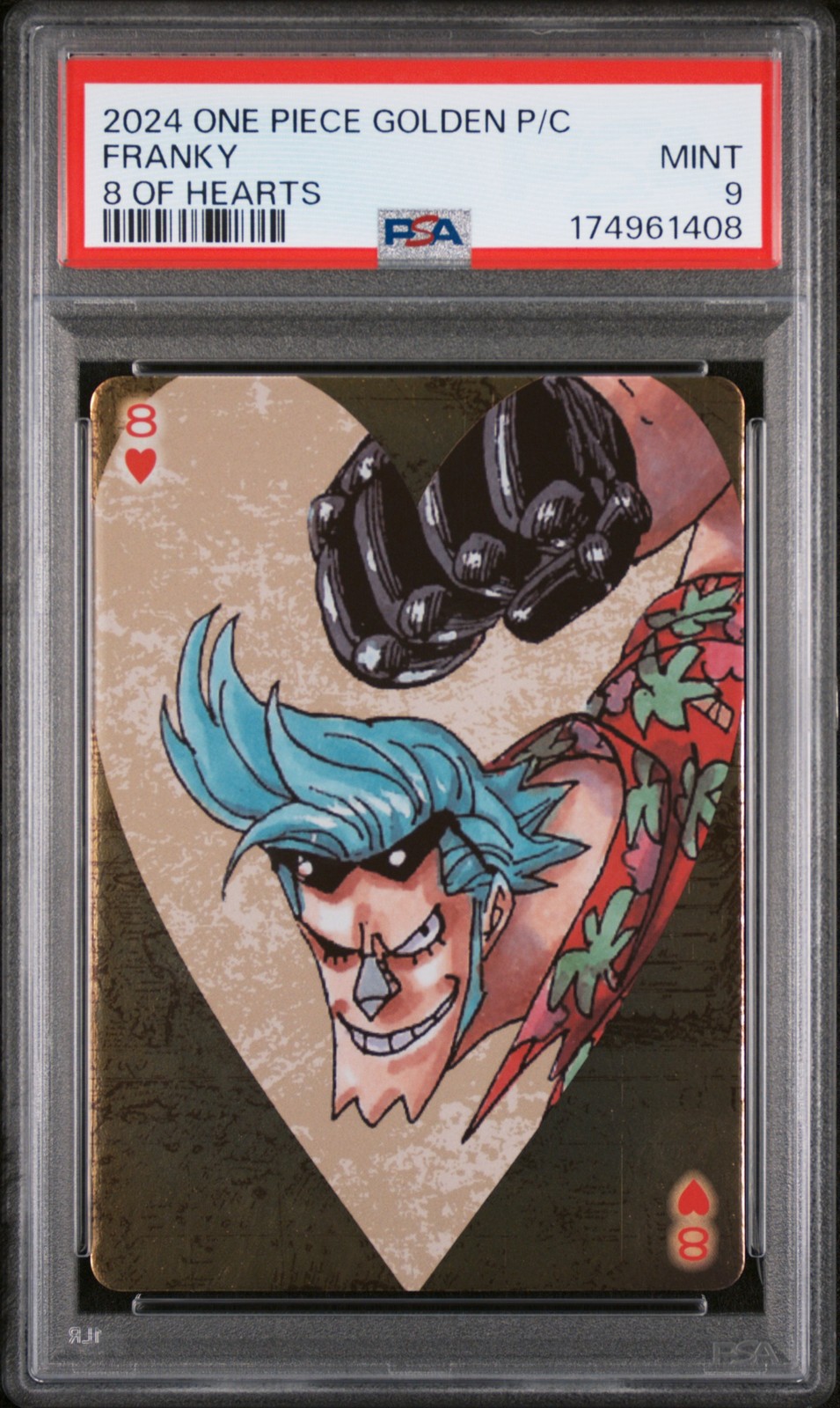 2024 ONE PIECE GOLDEN PLAYING CARDS THE STRAW HAT CREW 8 OF HEARTS FRANKY PSA 9