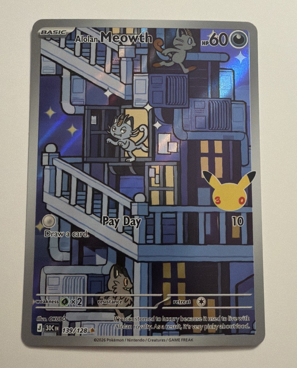 Pokémon TCG 30th Anniversary Alolan Meowth Illustration Rare #139/128