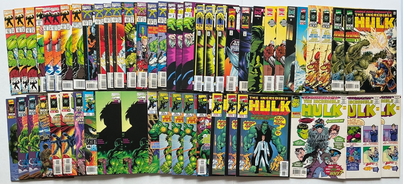 Incredible Hulk lotto di 54 fumetti tra #401-474 flashback ripetizioni Marvel (1096)
