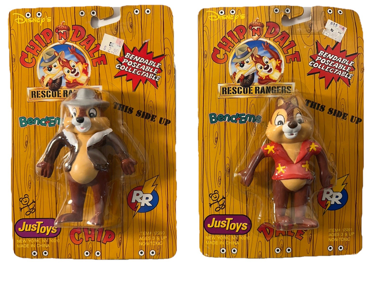 Lotto di 2 figurine vintage Chip N Dale Rescue Rangers Bend-Ems Jus toys 4,5" nuove