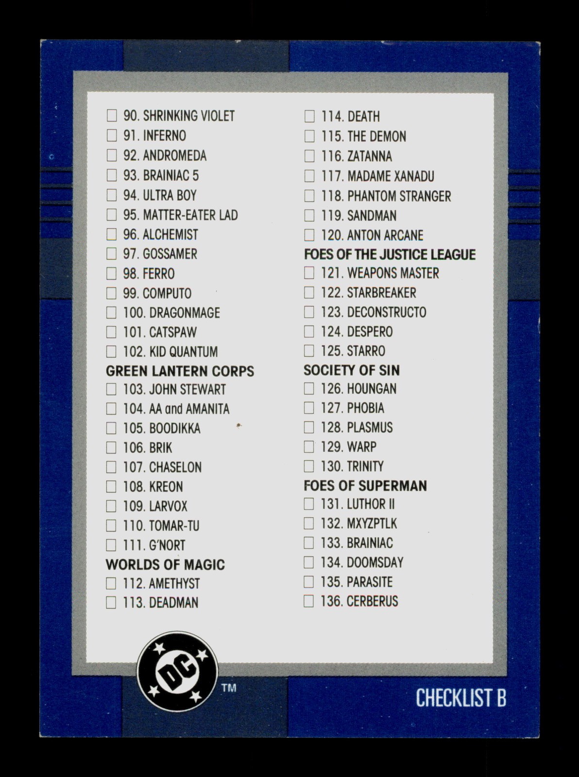 Checklist B CL 150 DC Squadre Fumetti 1993 Trading Card TCG