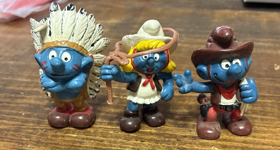 Figure puffo vintage Peyo Schleich - cowboy, cowgirl e capo indiano.