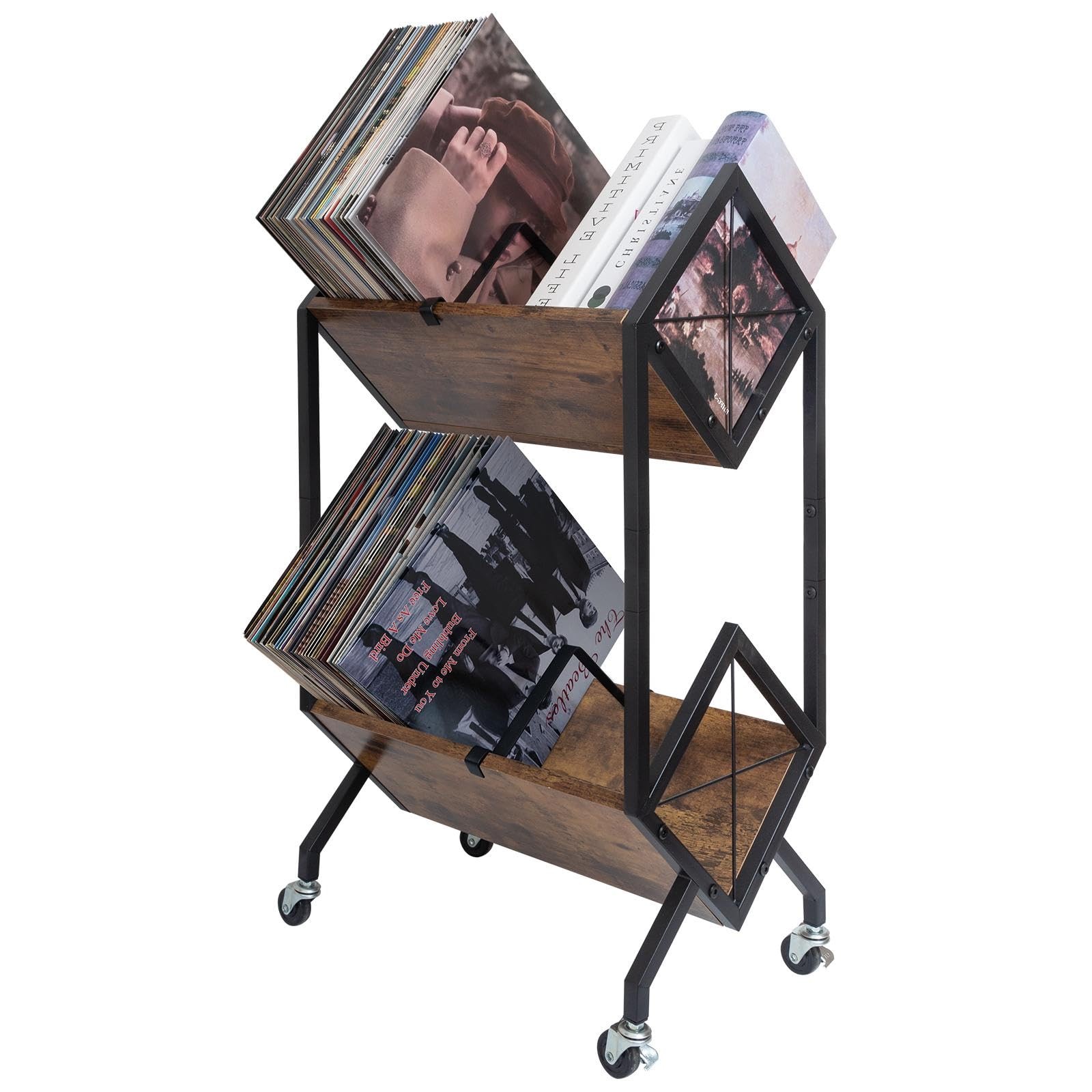 SwaaVee Vinyl Record Storage Holder with Wheels, 2-Tier 2 Tier- Rustic Brown