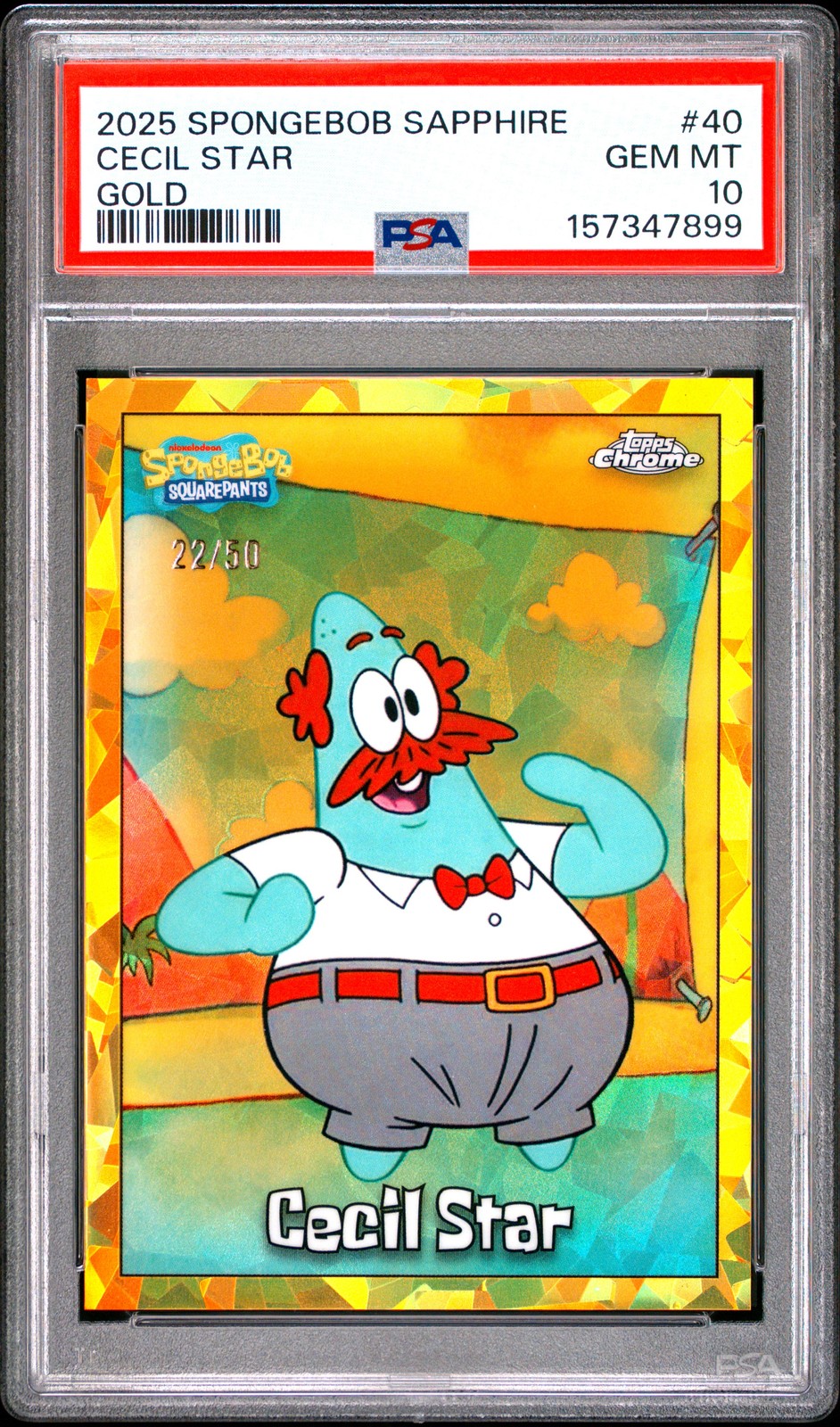 TOPPS CHROME SPONGEBOB 25° ANNIVERSARIO EDIZIONE ZAFFIRO CECIL STAR 22/50 PSA 10