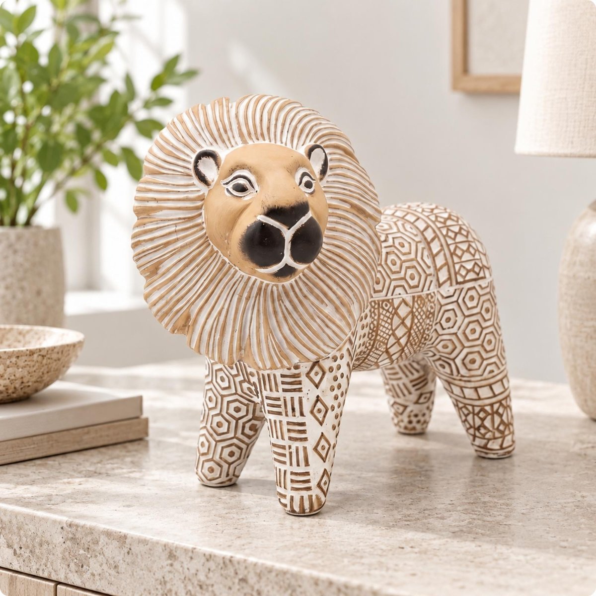 Statua Leone In Ceramica Scolpita A Mano, Colore, Motivi,