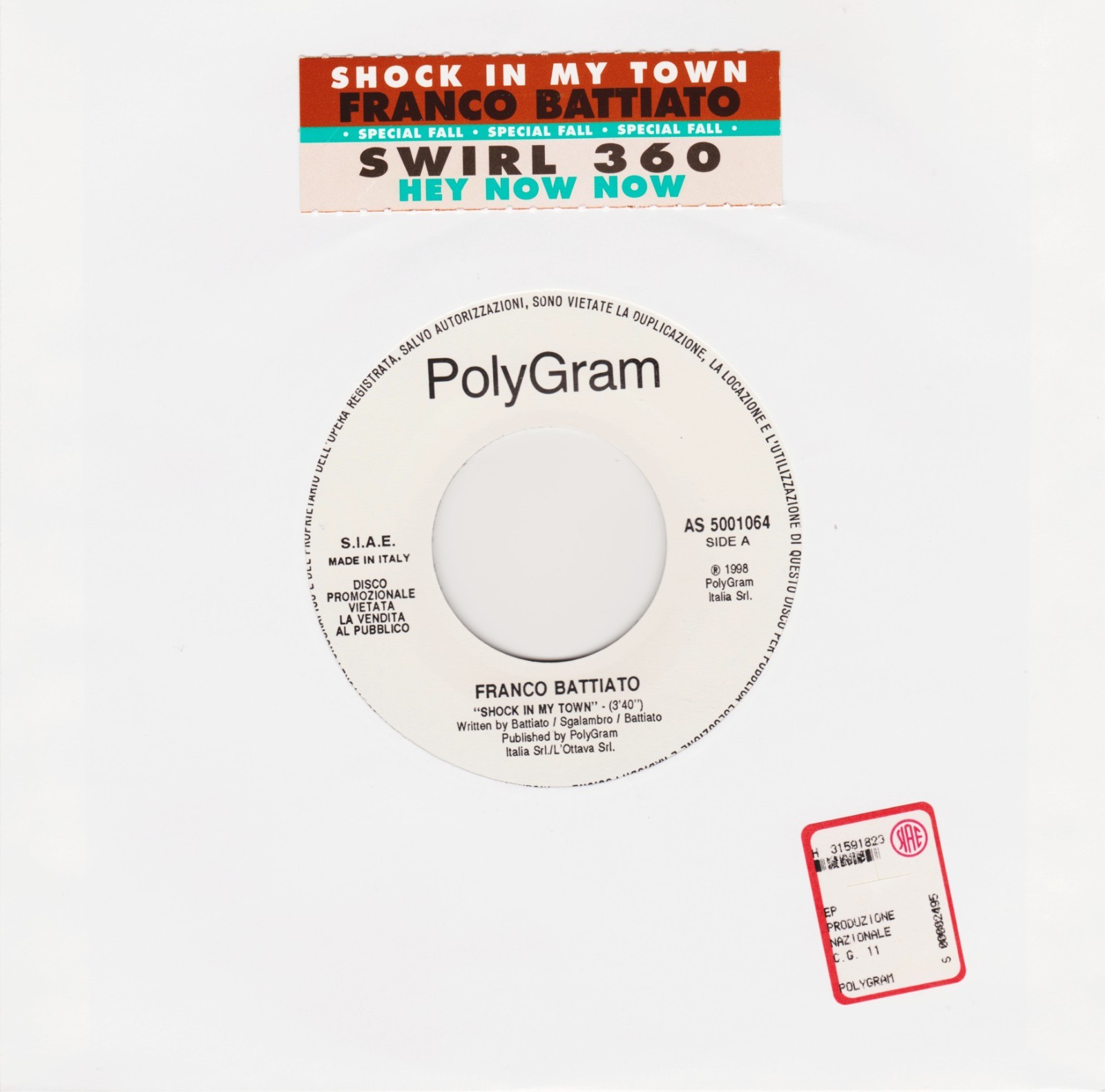 Franco Battiato - Shock In My Town 45 giri jukebox+original strip. italia 1998.